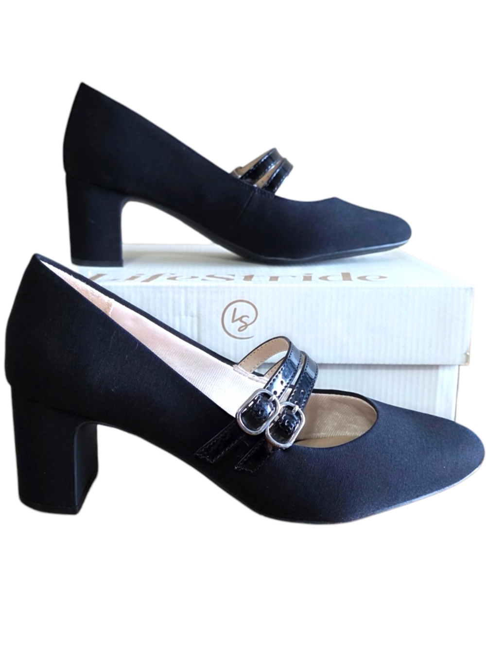 Life Stride Black Double-Buckle True Mary Jane Block Heels Womens Size 9 Classic